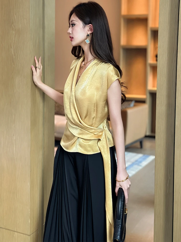 Women's French Elegant Professional Shirt Feminine Casual Ribbon Folds Loose Tops Female Party Work Blouse Sweet Clothes Mujer