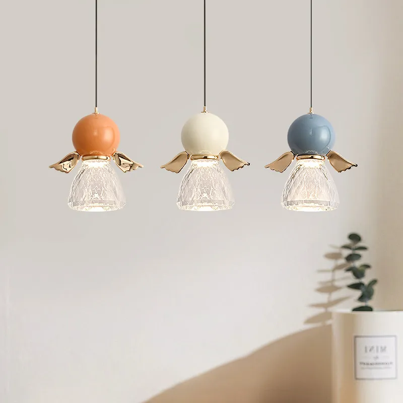 

Creative Nordic Cartoon Angel Pendant Light Macaron Color Glass Chandelier For Kids Room Bedroom Hallway Home Decor Lighting