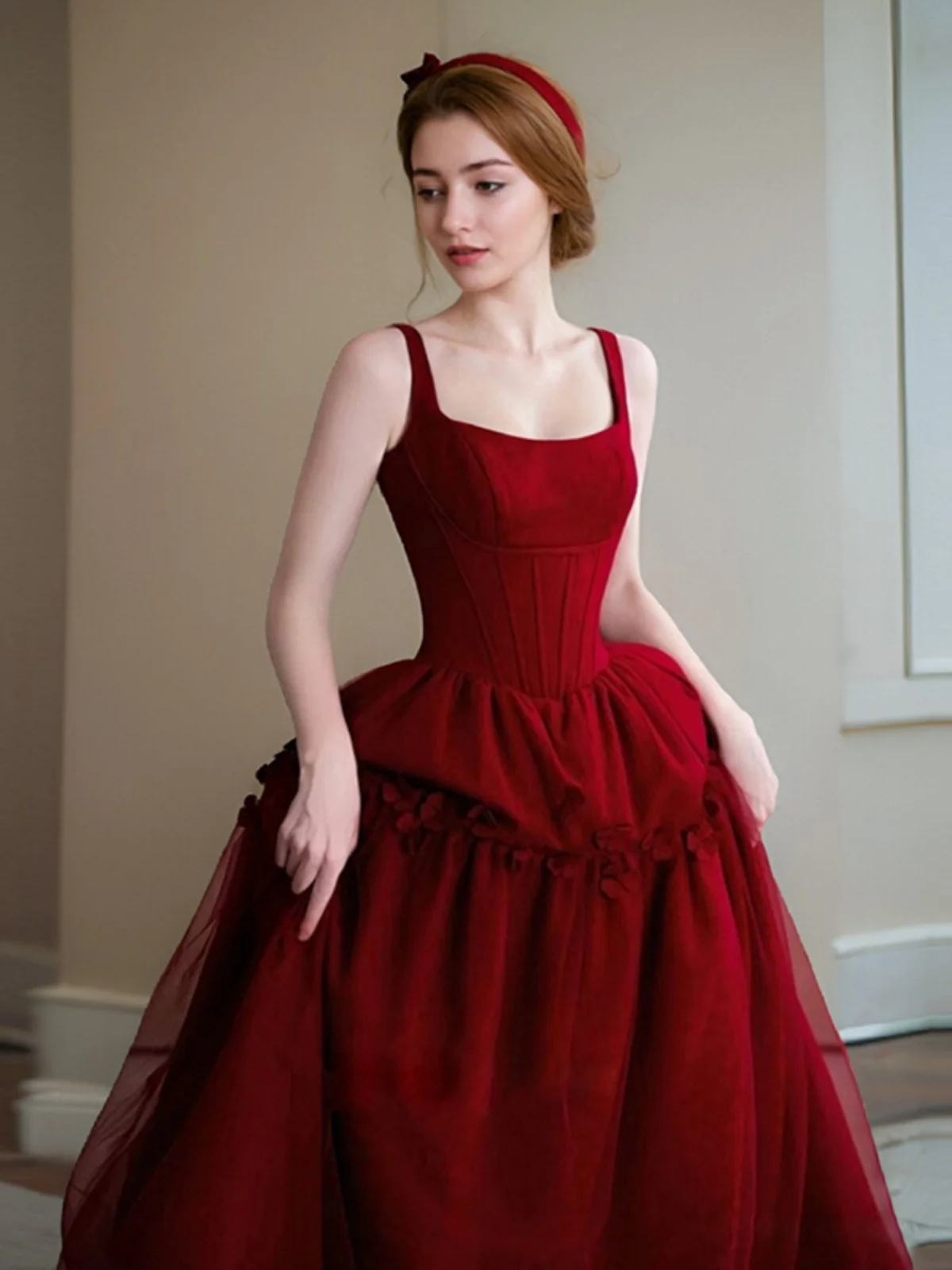 

Red Wine Color Long Strapl Evening Gown for Women Faionable Wedding Dr Performance Outfit Princ Sle Floor Length