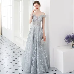 Banquet evening dress 2024 summer new femininity long celebrity dress one-word shoulder big choir performance dress