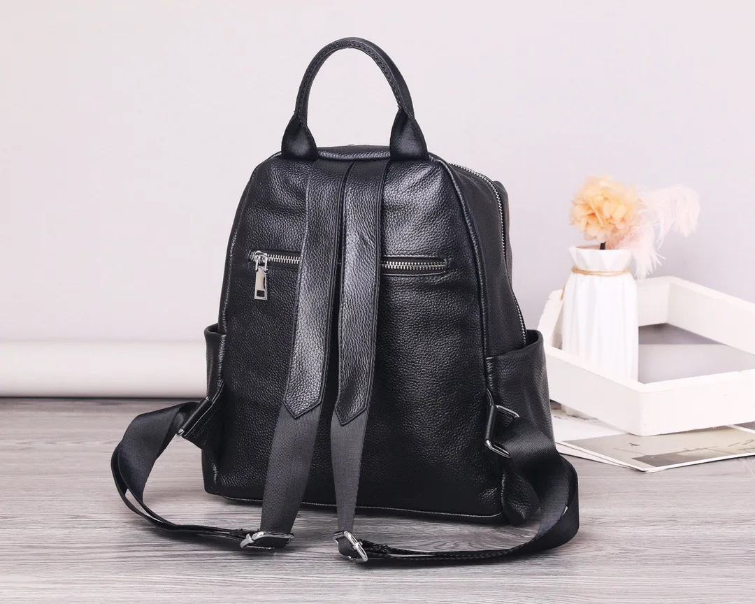 Soft Daily Cow Leater Backpack Women Spacious Multi Pockets Casual Black Genuine Leather Knapsack For Travel Business College
