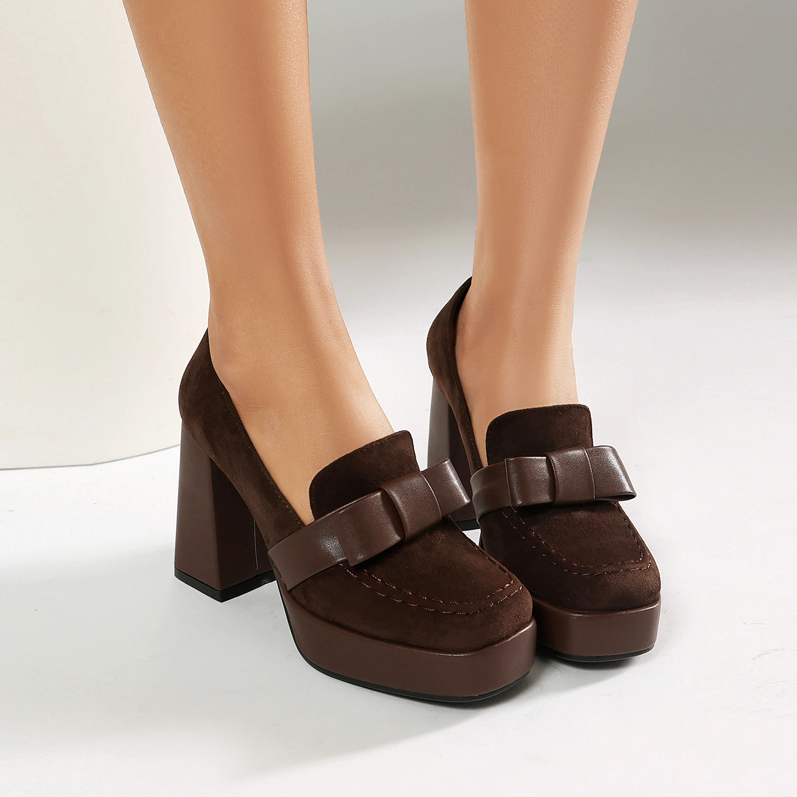 2026 Spring and Autumn New High Heels Fashion Bow Square Toe Retro Women's Shoes Monochrome Shoes Size 34-43
