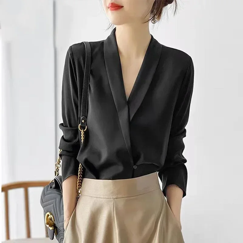 Women\'s Tunic V Neck Solid Color Elegant Blouses Spring Autumn Office Lady Silk Satin Solid Black White Long Sleeve Shirt Women