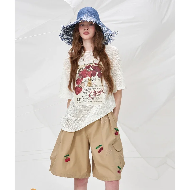 ELFSACK Cute Strawberry Print Mesh T-Shirt,White Lace Sheer Oversized Tee, Casual Top for Summer