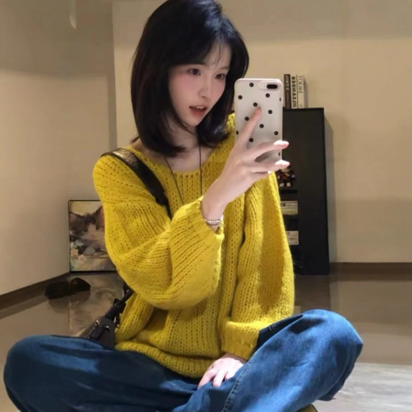 

Желтый свободный вязаный длинный све, круглый топ с вырезом Ne для женщин, осенний удобный базовый слой Lazy Sle Loose irt