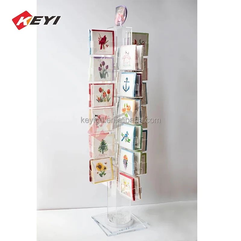 custom.Customize 48 Cards Floor Standing Spinner Display Stand 24 Pockets Wood and Acrylic Retail Greeting Cards Rotating Displa