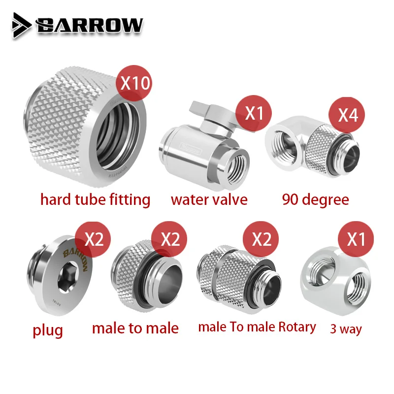 

Barrow Hard Tube Fitting Kit For OD12/14/16mm , Water Valve + Plug + 90 Degree Metal Connector G1/4 Water Cooler Accessories DIY