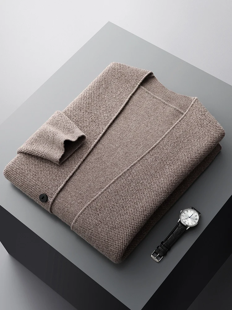 High-end Men\'s V-neck Smart Casual Cardigan 100% Merino Wool Sweater Coat Comfort Solid Cashmere Knitwear Spring Autumn Clothing