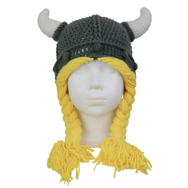 Children's Cute Funny Quirky Horn Colorful Winter Knitted Wig Braid Children Hat KIds Satge Performance Halloween Party Caps