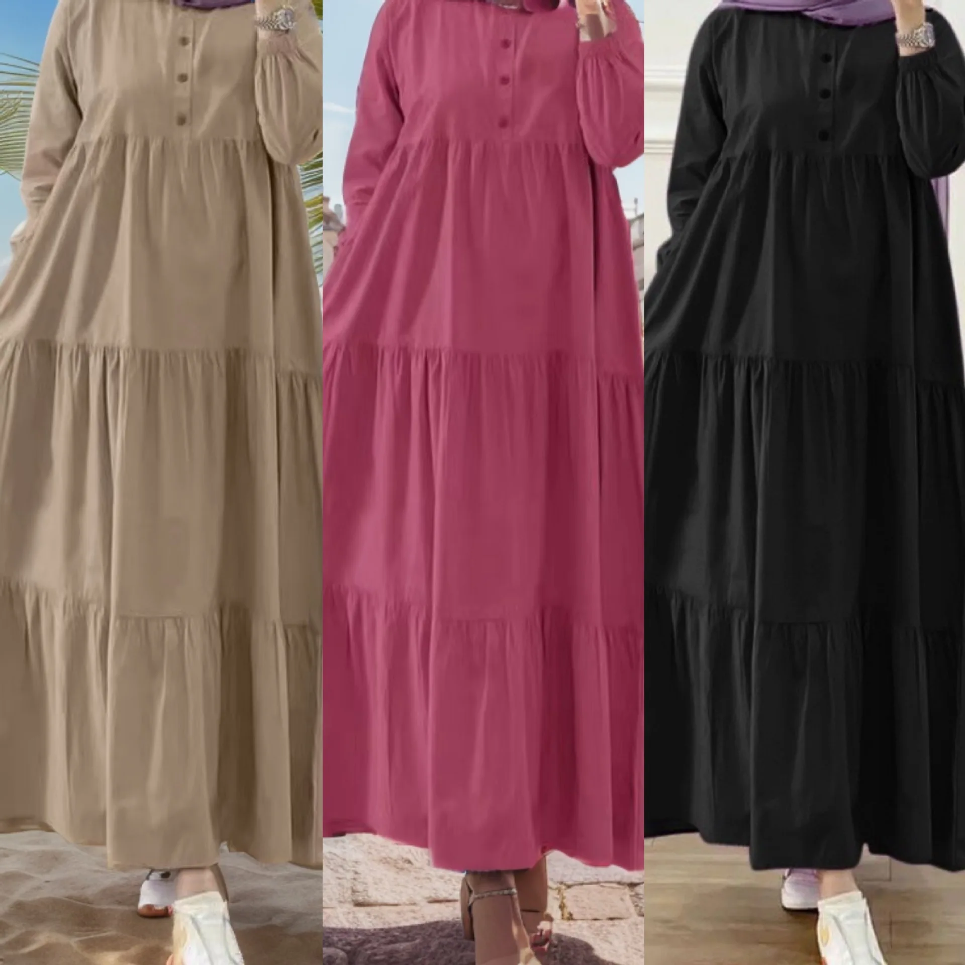 Robe musulmane de dubaï, couleur unie, ample, col décontracté, décorée de boutons, manches longues, en coton et lin, nouvelle mode