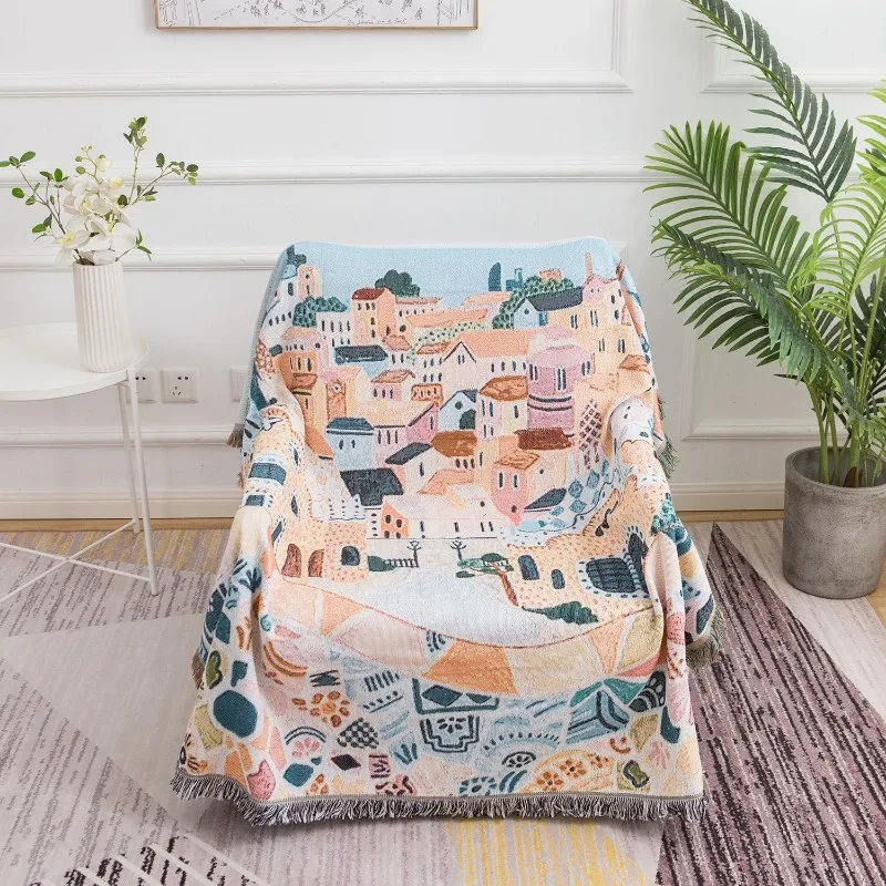 Imagem -04 - Nordic Small Town Pattern Throw Blanket Fio Tingido Portable Outdoor Camping Cobertores Tapete de Piquenique Tapeçaria Art Decor Sofá Ins