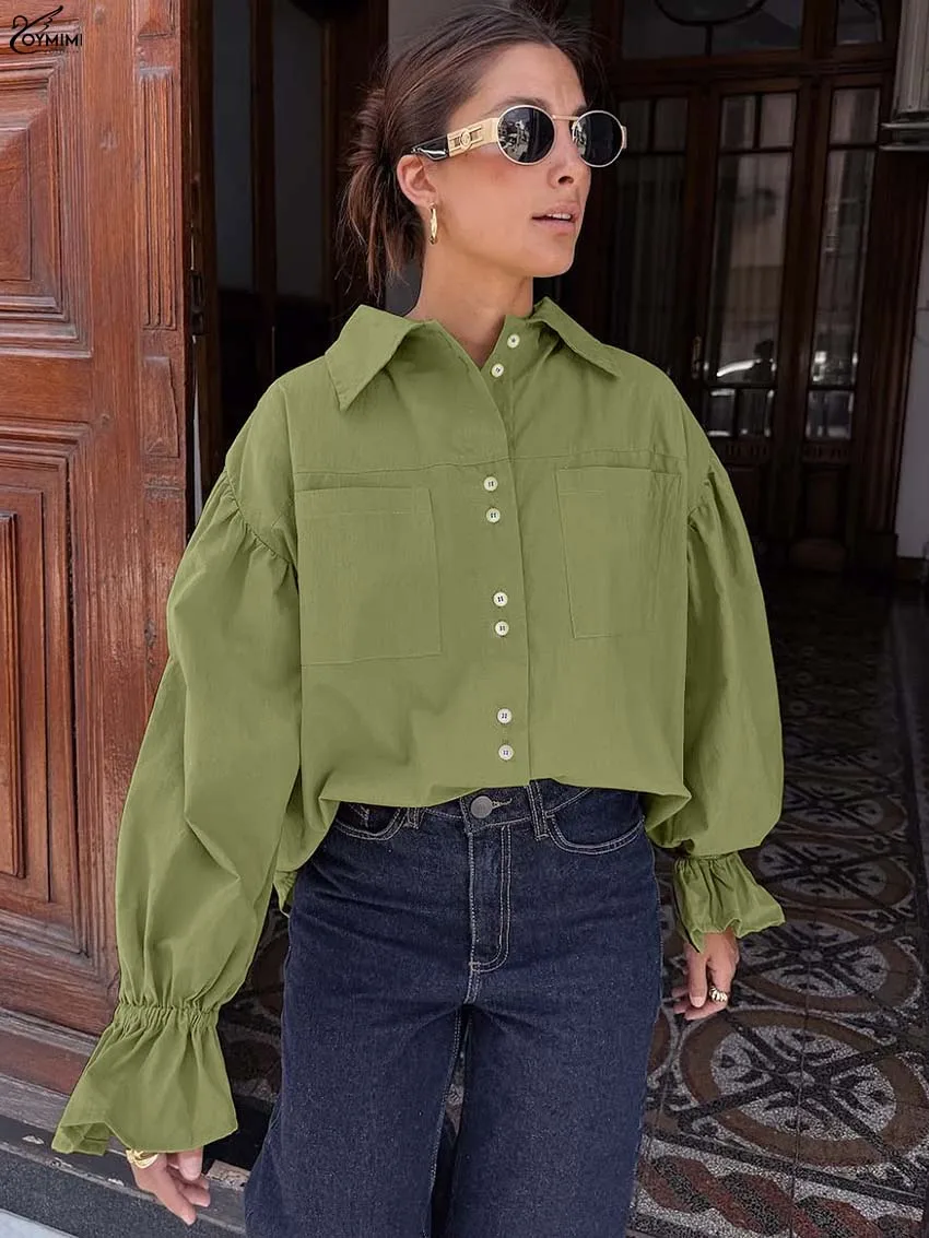 Oymimi Elegant Green Cotton Women Shirts Fashion Turn-Down Collar Long Sleeve Loose Shirts Casual Single Breasted Pockets Shirt