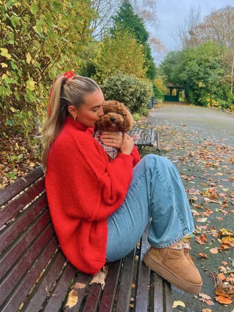 Dames Casual Effen Losse Gebreide Trui Mode Ronde Hals Poff Lange Mouwen Korte Pullover Herfst Chique Dames Woon-Werkverkeer Truien