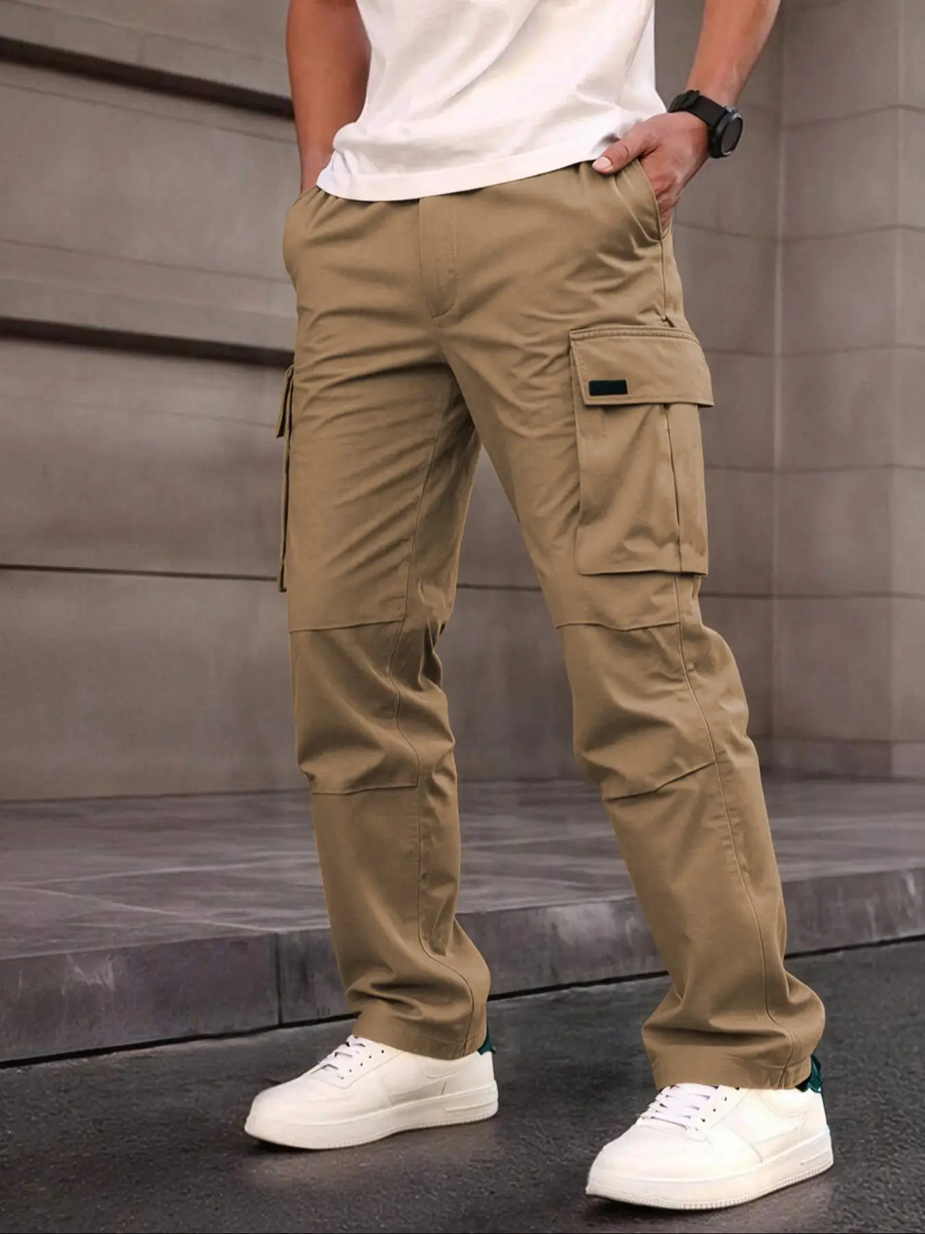 Einfarbige Cargohose für Herren mit Pattentasche, Kordelzug am Bund, reguläre Passform, lässige Hose mit geradem Bein für den Alltag – Detail 17