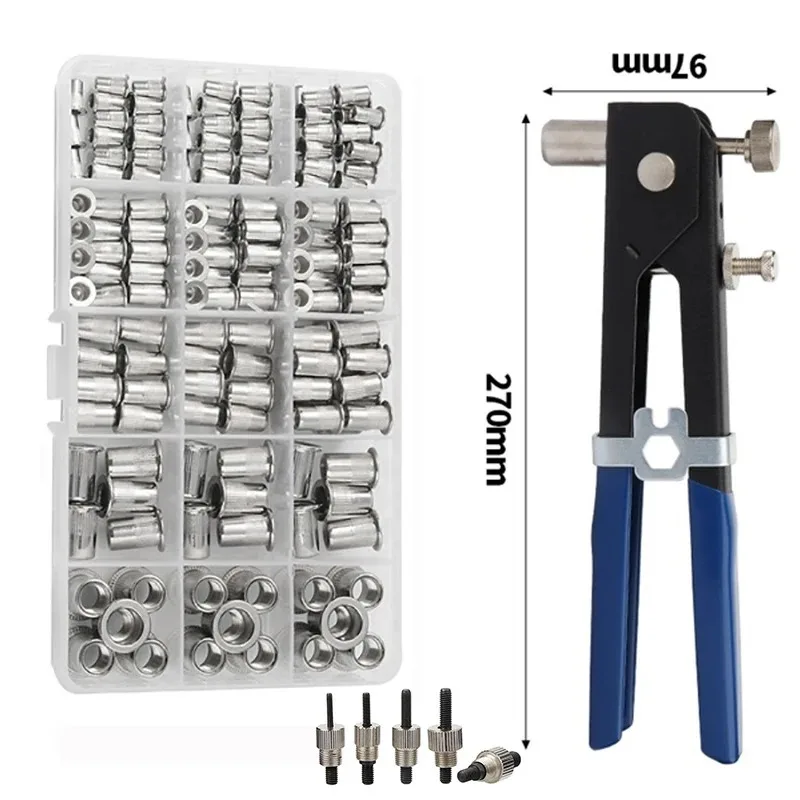 150 Stuks Klinknagel Moeren Pistool Doorn Kit M3/M4/M5/M6/M8 Of Moer Klinknagel Doorn Reparatiegereedschap Klinkpistool Flatheadscrew Pop Moer Klinknagel Pistool Set