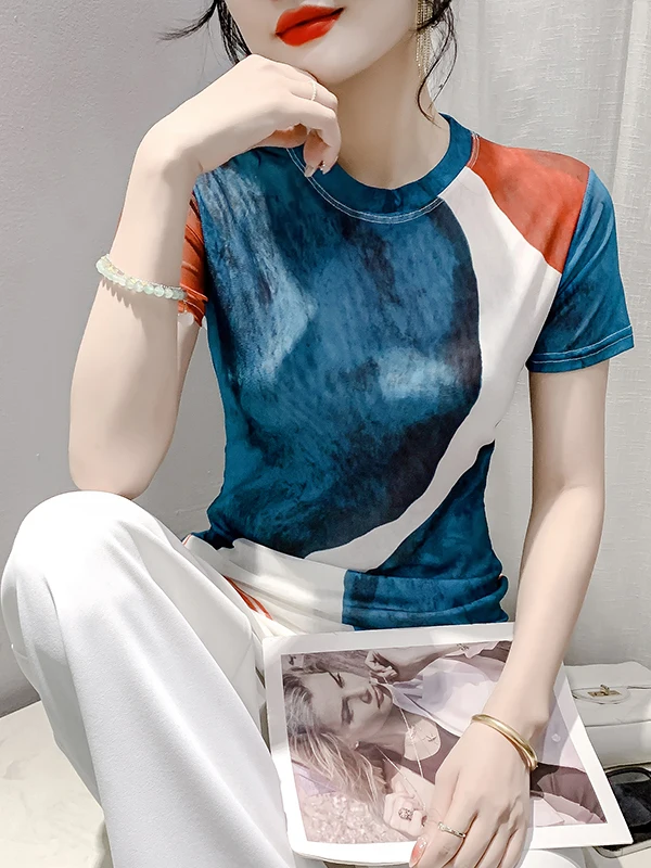 디자인 센세이션 컬러 블로 프린트 미 오르트 스웨 티셔츠 여성용 여름 신상 슬림 핏 편안한 베이스 레이어 티셔츠