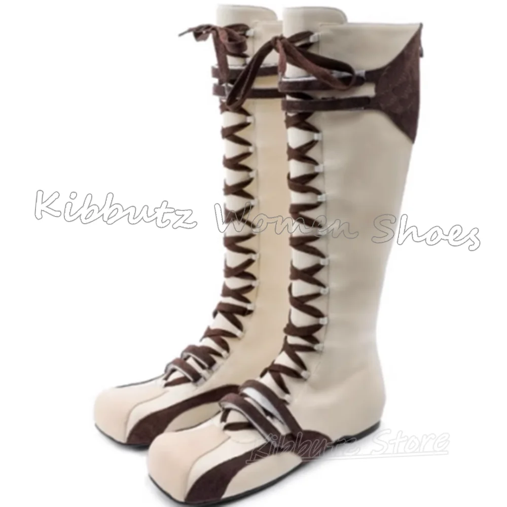 Patchwork Knee High Boots Suede Sneaker Lace-Up Leather Novelty Fashion Luxury Elegant Concise Sexy Square Toe Flat with Shoes