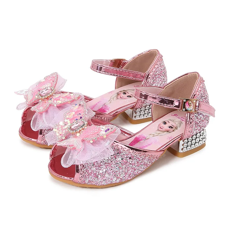 Disney Princess Butterfly Leather Shoes Frozen Elsa Kids Bowknot High Heel Children Girl Glitter Shoes Fashion Girls Party Shoe