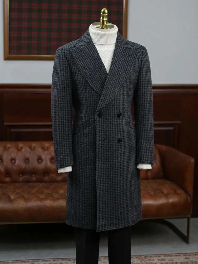 Italian Designer Vintage Plaid Wool Coat Slim Fit Business Men Work Woolen Blends Long Jacket Lapel Collar Windbreaker Overcoat