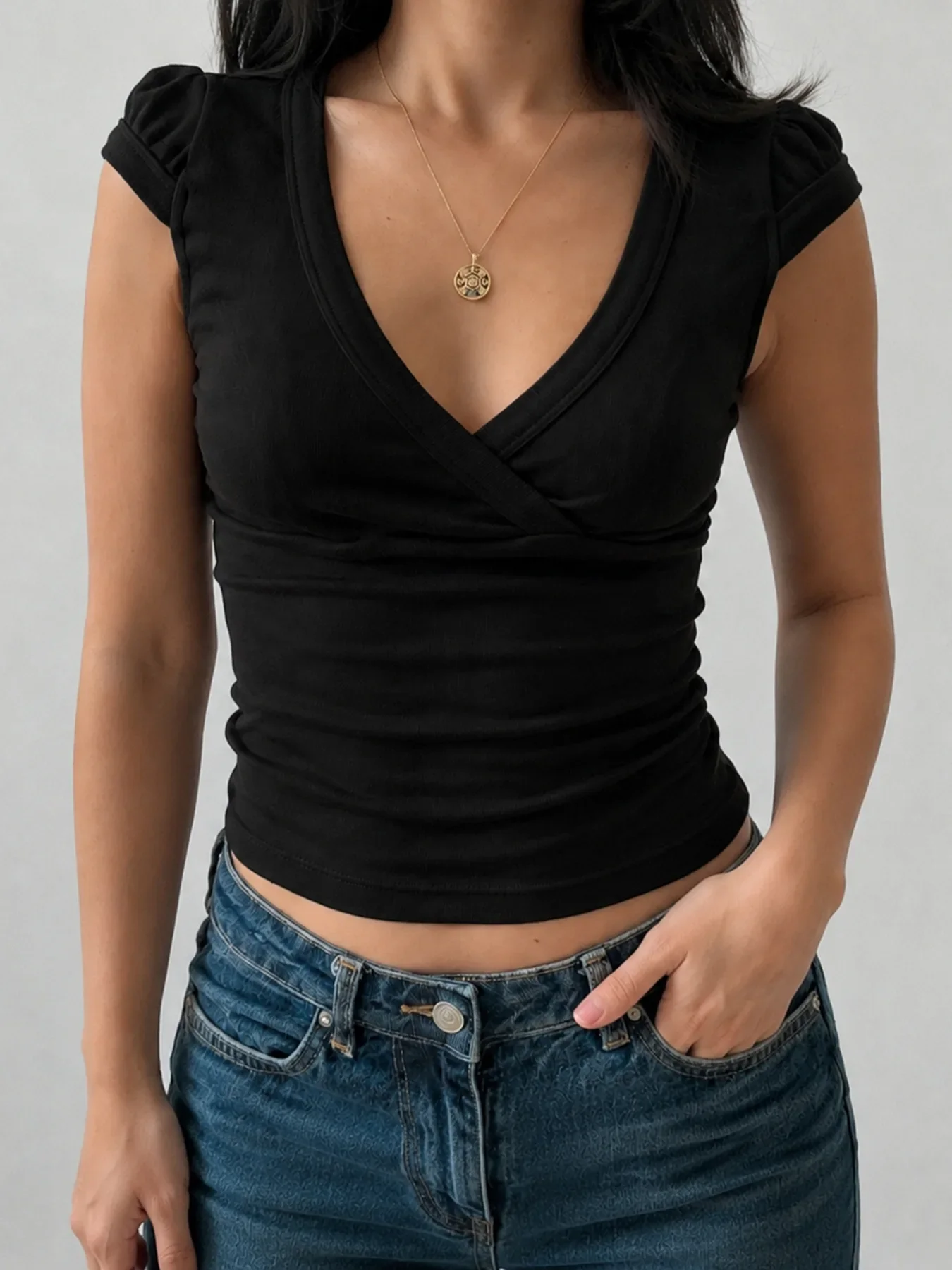 Basic Cross V Neck Slim Sleeve Solid Knit Short Sleeve Women Summer Casual Tee