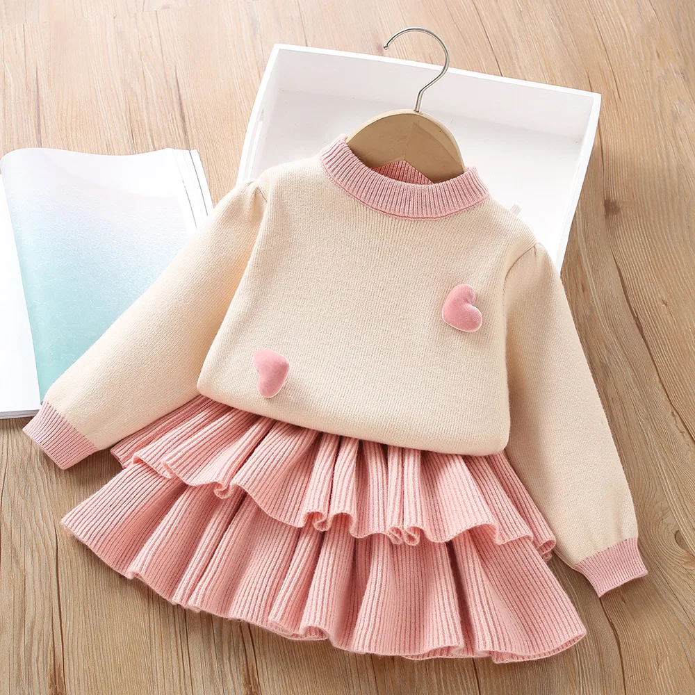 Girls Knitted Clothing Sets Spring Autumn Children Woolen Jersey Sweaters Tops Skirts 2pcs Party Suit For Baby Outfits Kids 5 6Y