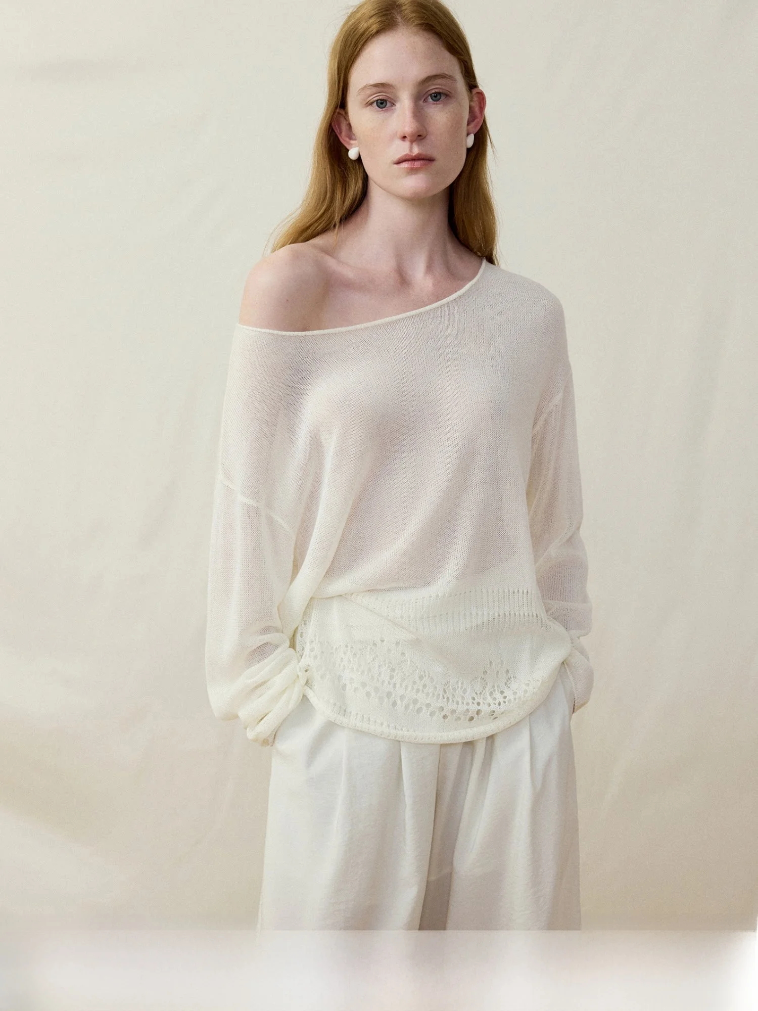 

MURMUR MI Lace Hollow out Lazy Knitted Long Sve oulder Baring Top Women's Loose Fit Comfortable Breathable Casual irt