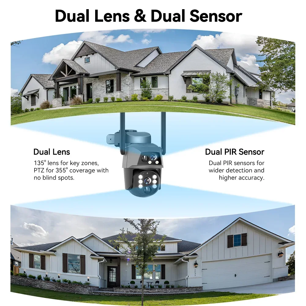 4G LTE Solar PTZ Camera, 100% Wireless WiFi Outdoor, 8MP Dual-Lens with Auto-Tracking, 2K Color Night Vision, IP66 Weatherproof