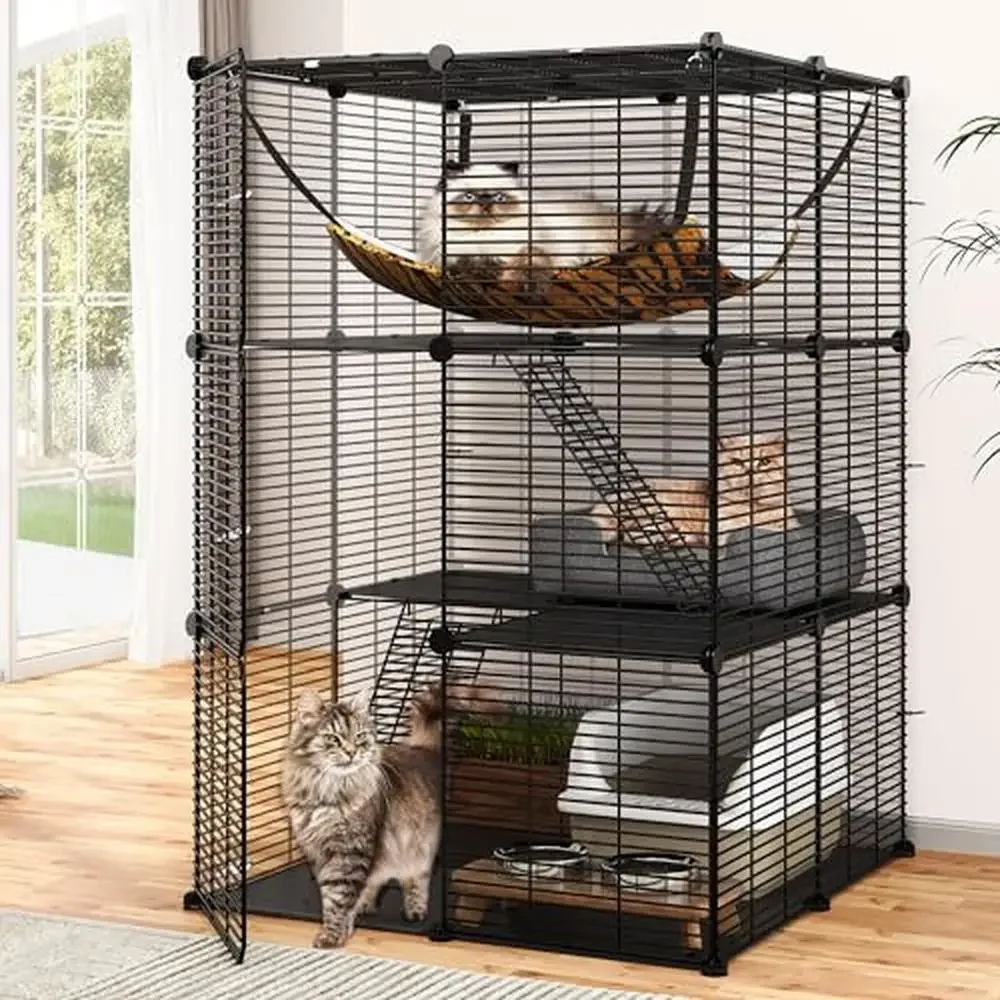 

Metal Indoor Cat Playpen Enclosure with Extra Large Hammock DIY Cat Cage Kennel 1-2 Cats Ferret Chinchilla Rabbit Clean & Stable