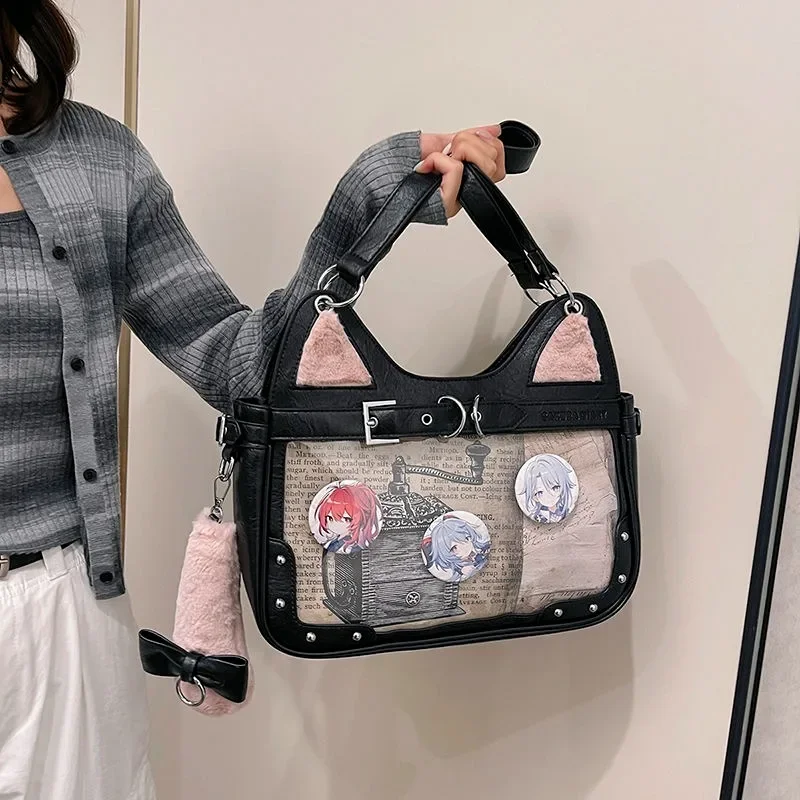 

Xiuya Cute Cat Ita Bag for Women Y2k Fashion Japanese Style Original Casual Lolita Jk Shoulder Bag Literary Transparent Handbag