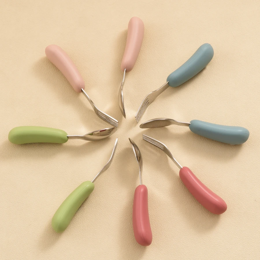 2PCS Baby Silicone Stainless Steel Fork Spoon Portable Baby Tableware Feeding Training Baby Utensils Solid Color Baby Stuff