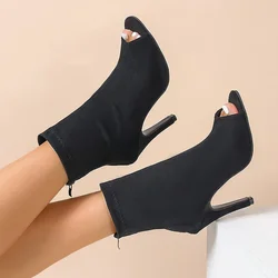 Spring and Autumn Women's Open Toed Ankle Boots Fashion and Elegant Elastic Cloth Shoes High Heels Women's Zipper Short Boots