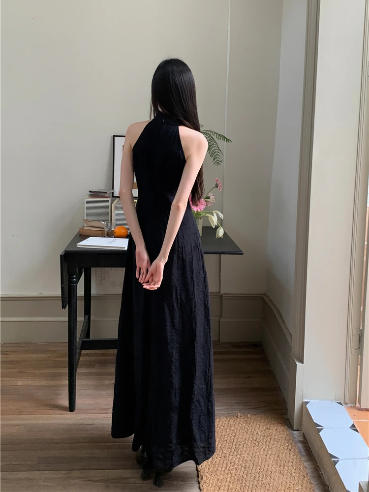 CHEERART Cheongsams Black Sleeveless Halter Long Dress Vintage Ruched Modest Tunics A Line Maxi Evening Luxury Dress 2024