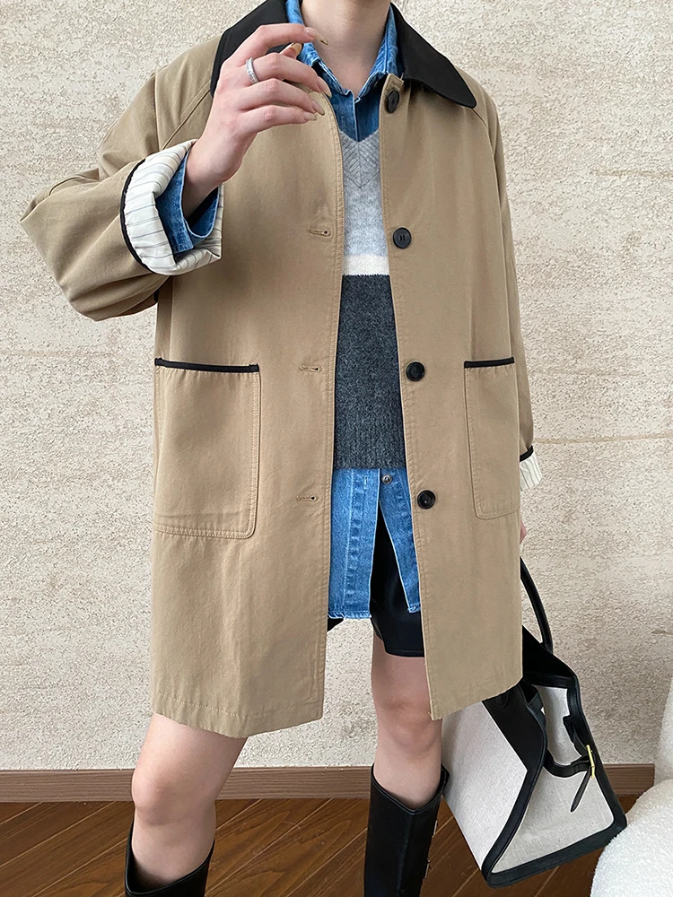 Women Khaki Color-block Big Size Casual Trench New Lapel Long Sleeve Windbreaker Fashion Tide Spring Autumn