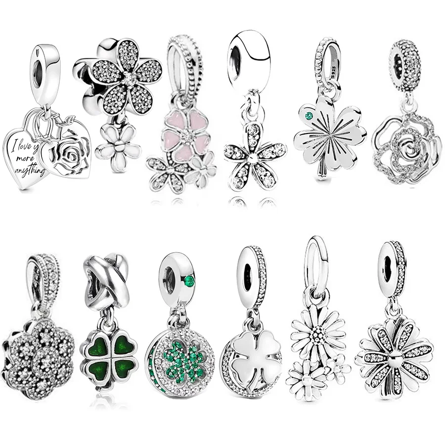 NEW Lucky Four Leaf Clover & Rose Heart Padlock Dangle Charm Bead Fit Original 925 Sterling Silver Women Bracelet Jewelry Gift