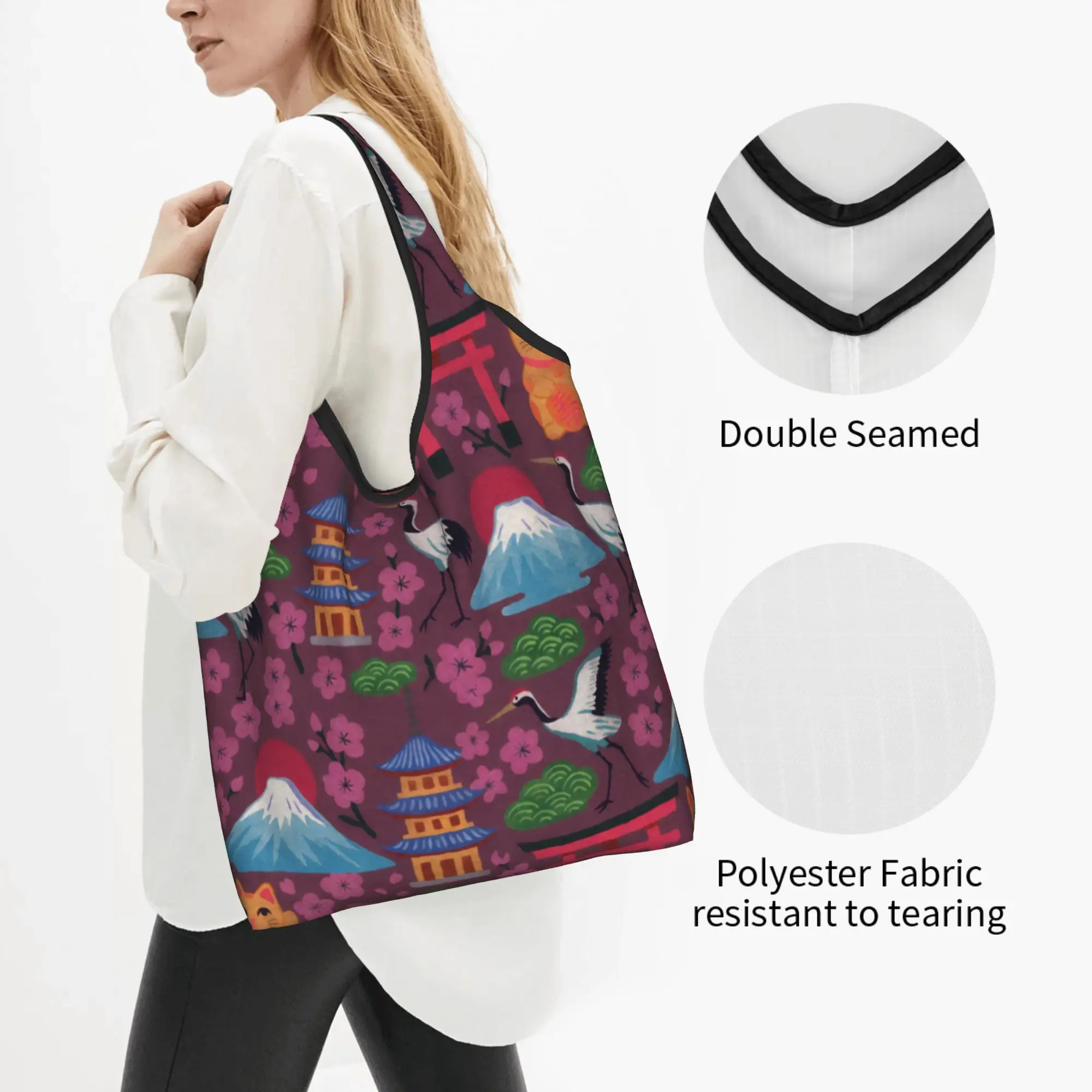 Cranes and Sakura Cherry Blossom  Groceries Shopping Bag Kawaii Shopper Tote Shoulder Bag Maneki Neko Lucky Cat Fuji  Handbag