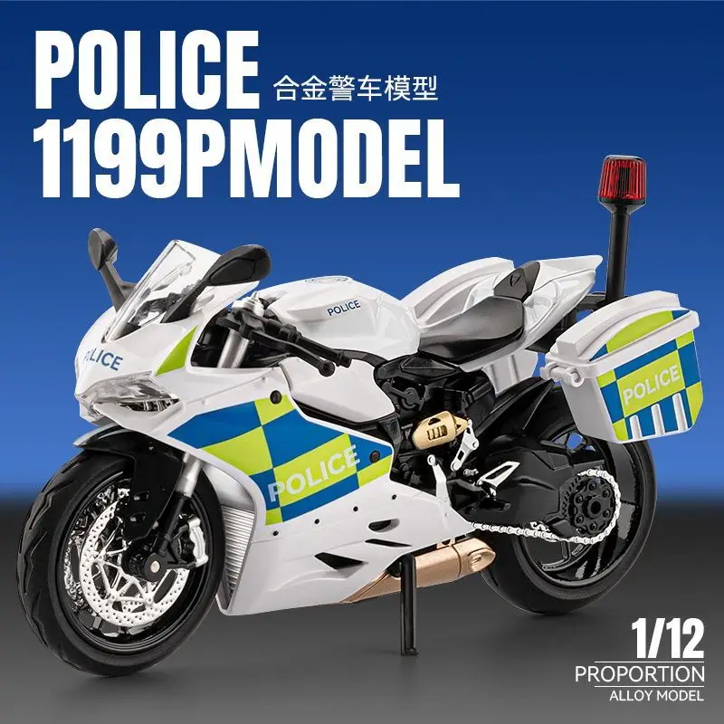 1:12 Ducati 1199 Police Motorcycle Alloy Model Rotatable Front Wheel Shock Absorb Open Side Box Light Sound Diecast Display Gift