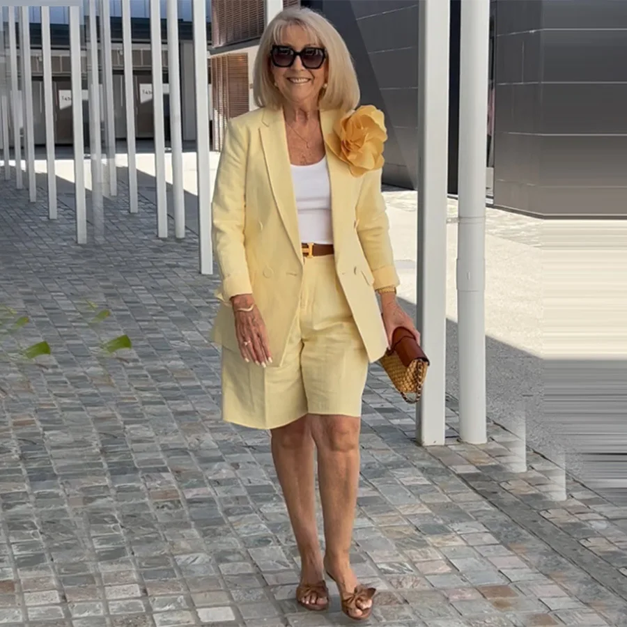 

Summer New Solid Color Long Sleeve Shorts For Women's Suit Set Stylish Cardigan Female Office Suit 2 Piece Set 2025