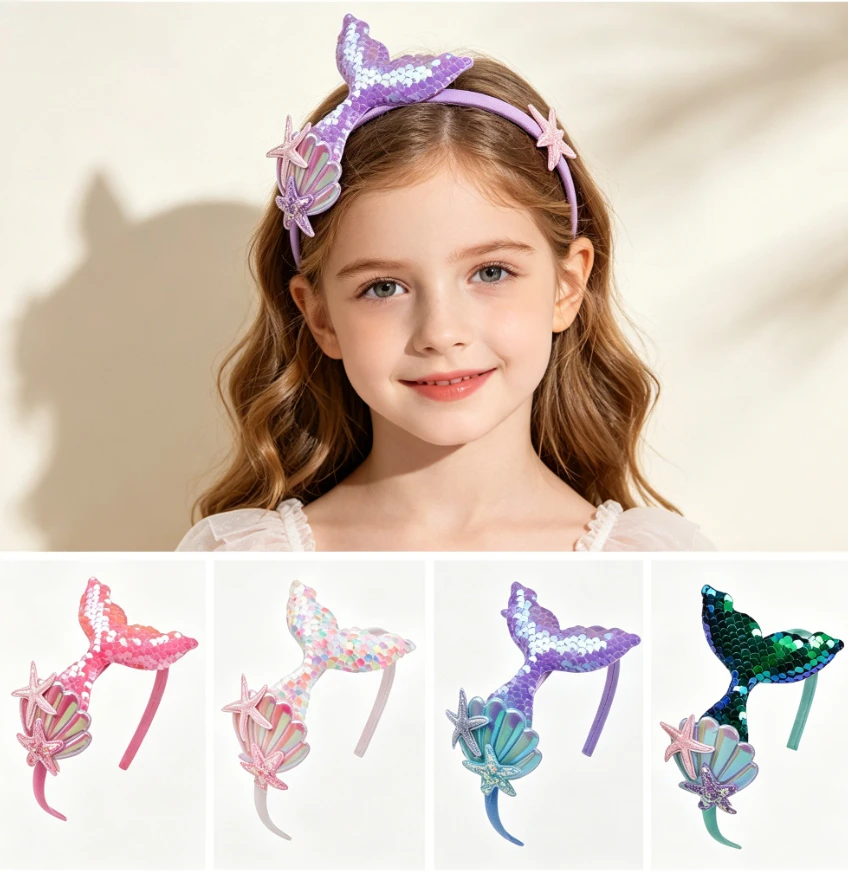 Baby Sequin Mermaid Headwear Candy Color Style Shells Shiny Lightweight Princess Sweet Children Hair Accessories Party Headbands