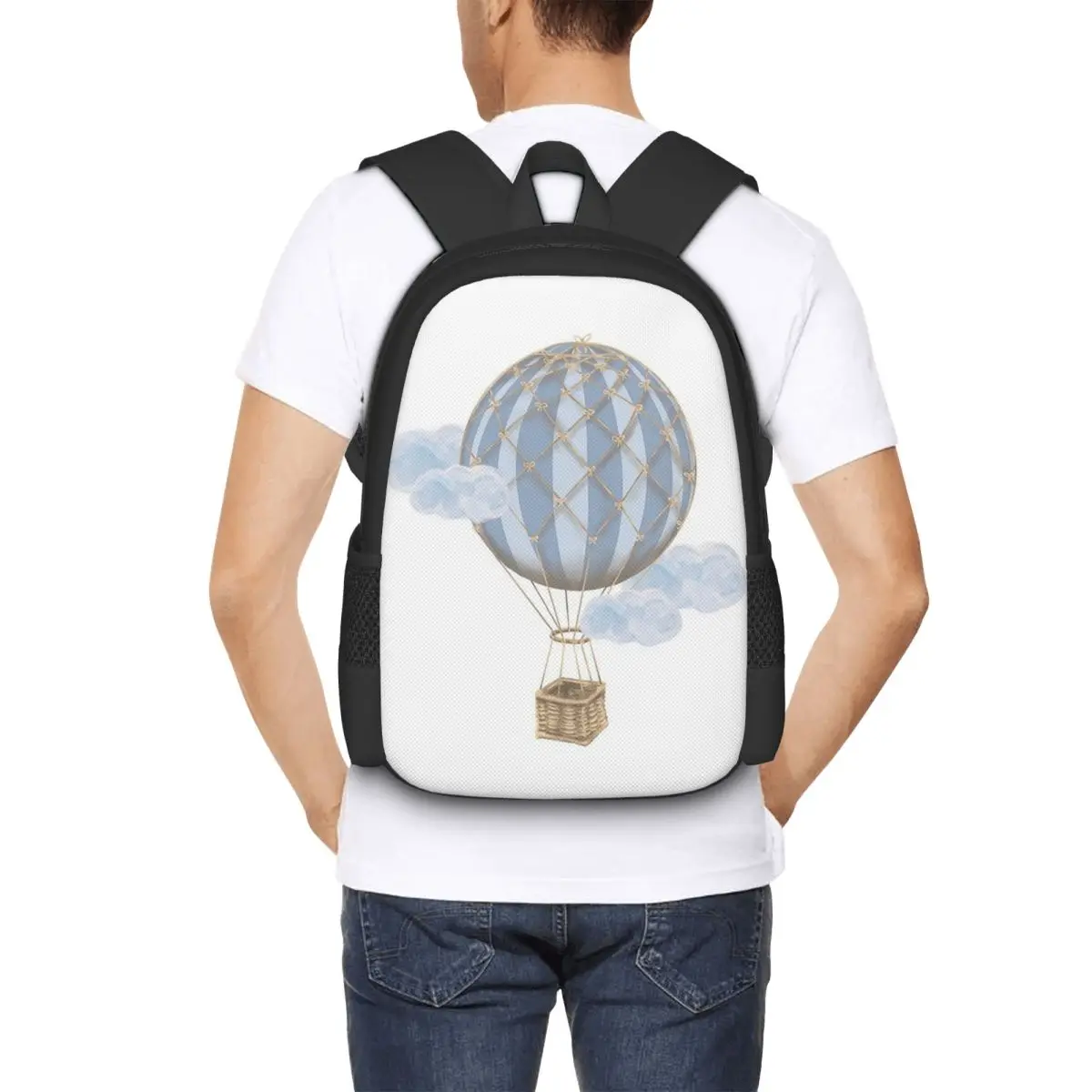 Blue Vintage Hot Air Balloon Student Backpack School Bag Hiking Travel Daypack for Men Women Fashion Bookbag Shoulder Bags