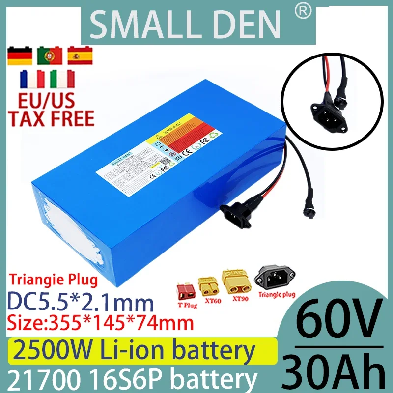 

New 21700 16S6P 60V 30ah lithium battery pack for bicycles, scooters, motorcycles, BMS 2500W high-power battery+2A 3A 5A charger