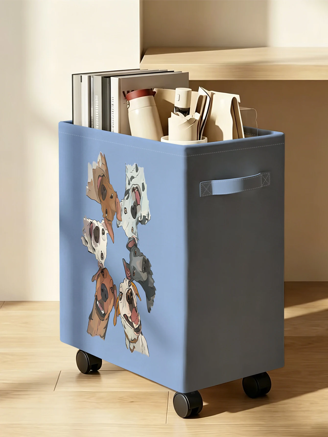Cartoon Group Dogs Print Rolling Storage Bin, Foldable Fabric Organizer Box with Wheels for Home Bedroom Closet Storage
