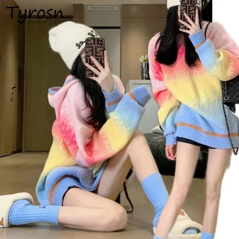 Gradient Color Pullovers Women Striped Rainbow Lazy Style Hooded Knitted Long Sleeve Sweet Fresh Streetwear Autumn Trendy Chic