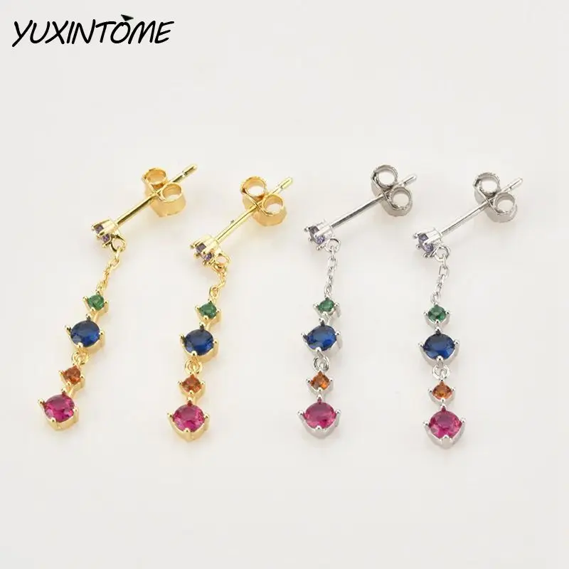 

925 sterling silver ear Needle colorful chain zircon earrings tassel temperament earrings for women Fashion Wedding Jewelry gift