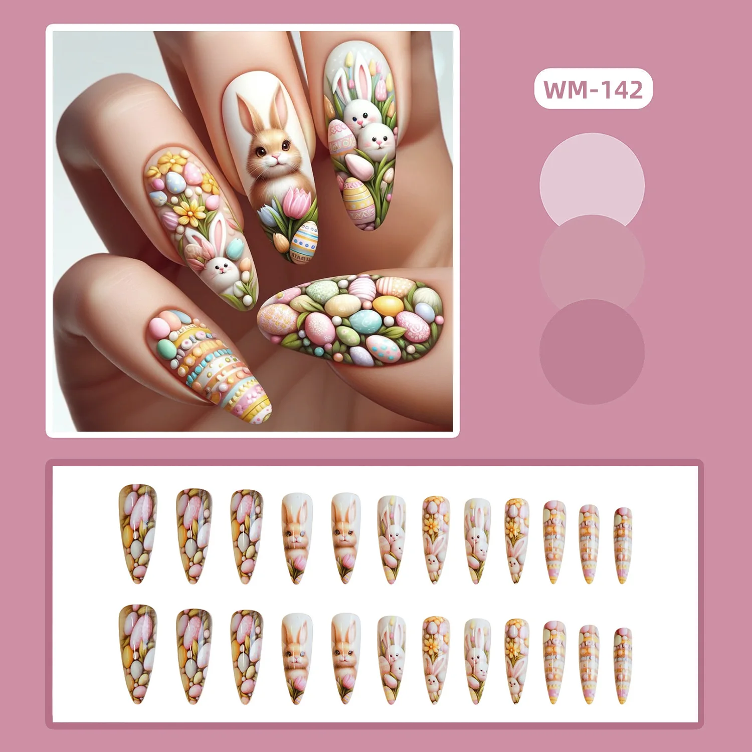 24pcs Easter Bunny Fake Nail Tips Chinese Cute Flowers Leopard Print Press on Nails Wearable Full Cover European False Nails