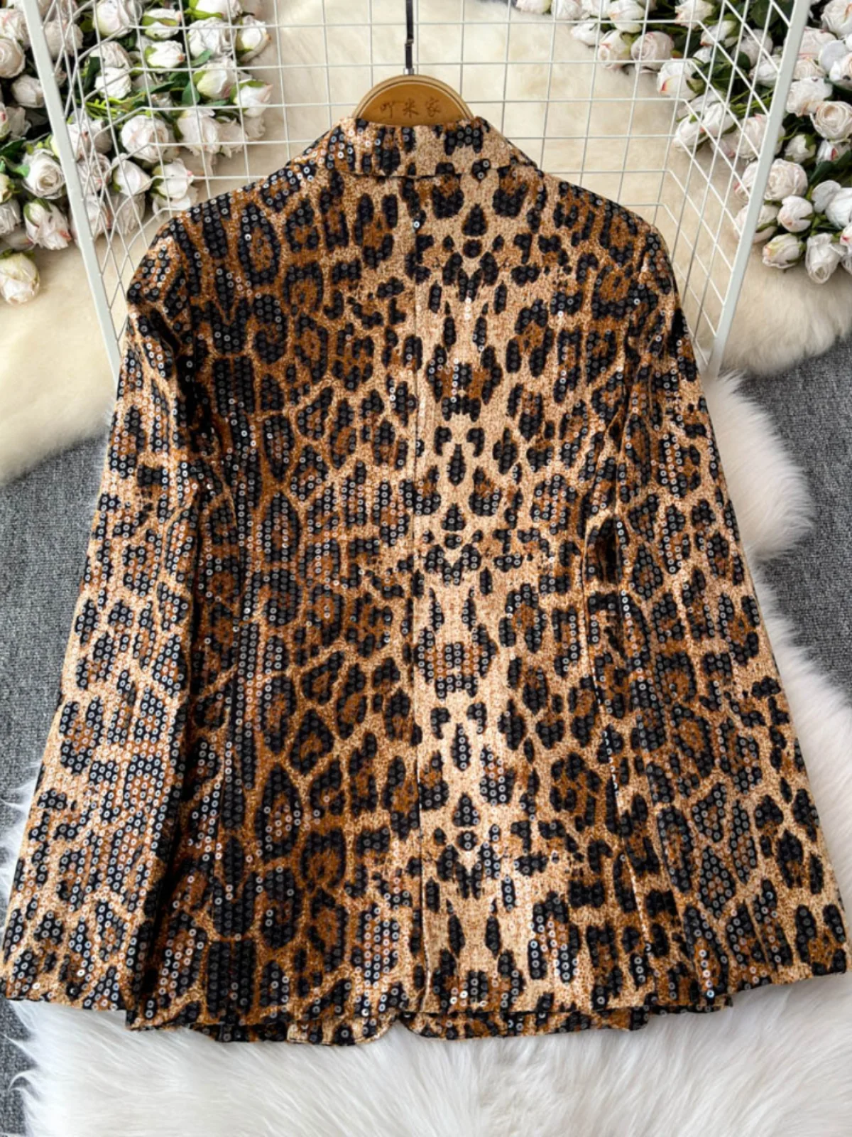 Street Style Leopard Print Suit Blazer Female 2024 Autumn New Fashion Sequined Temperament Suit Collar Loose Coat Jacket Women