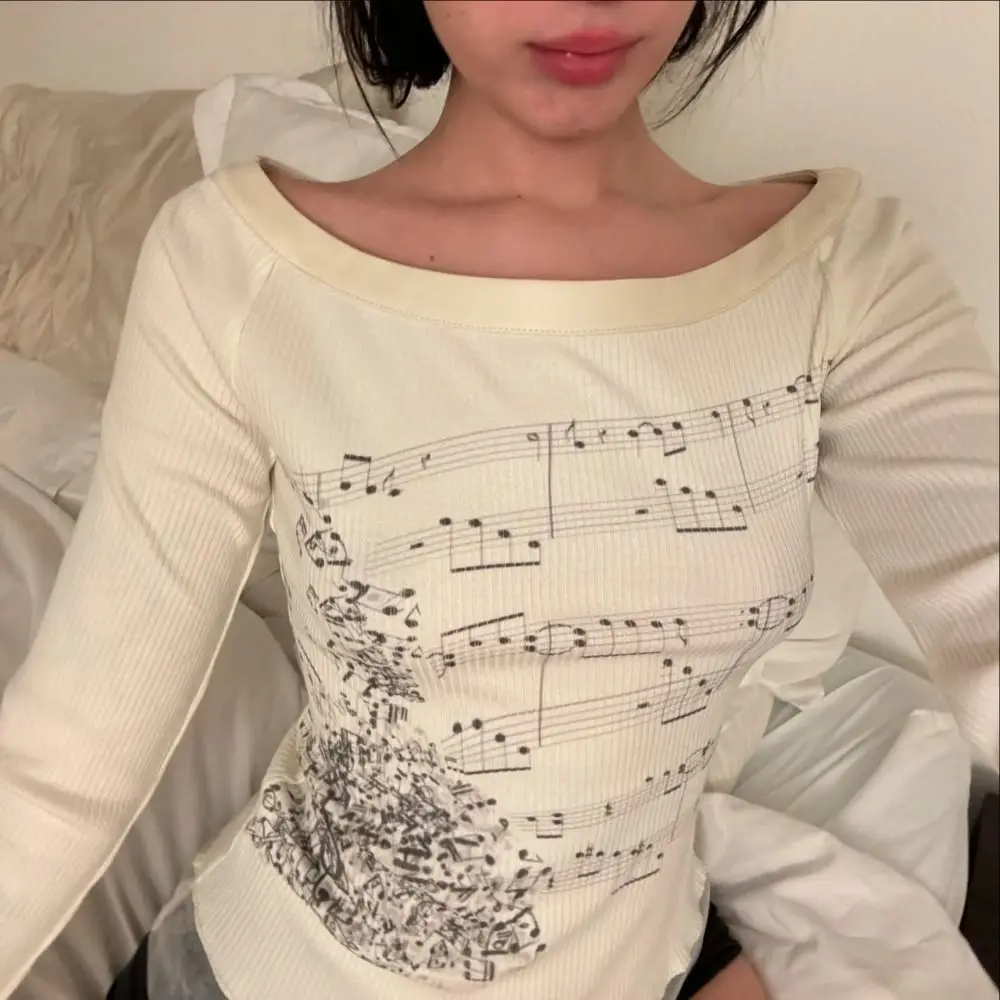 Y2K Style Music Note Print Off-Shoulder Top Round Neck Patchwork Design Boat Neck Top Elegant Ruffle Trim Long Sleeve Top Women