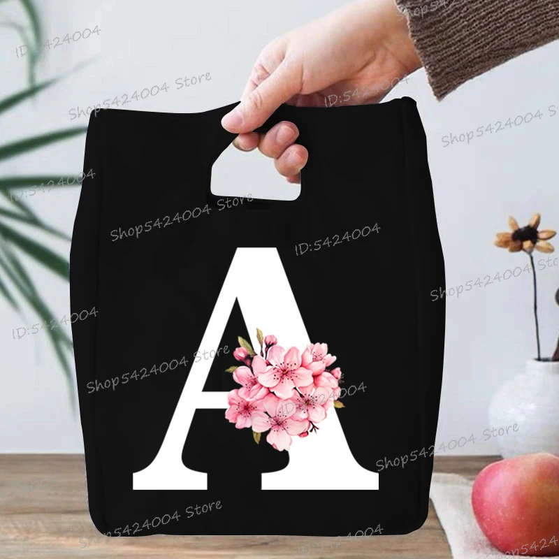 Insulated Canvas Lunch Bag for Women Pink Sakura Alphabet Pattern Portable Bento Bags Cherry Blossom Letters A B C D Lunch Boxes