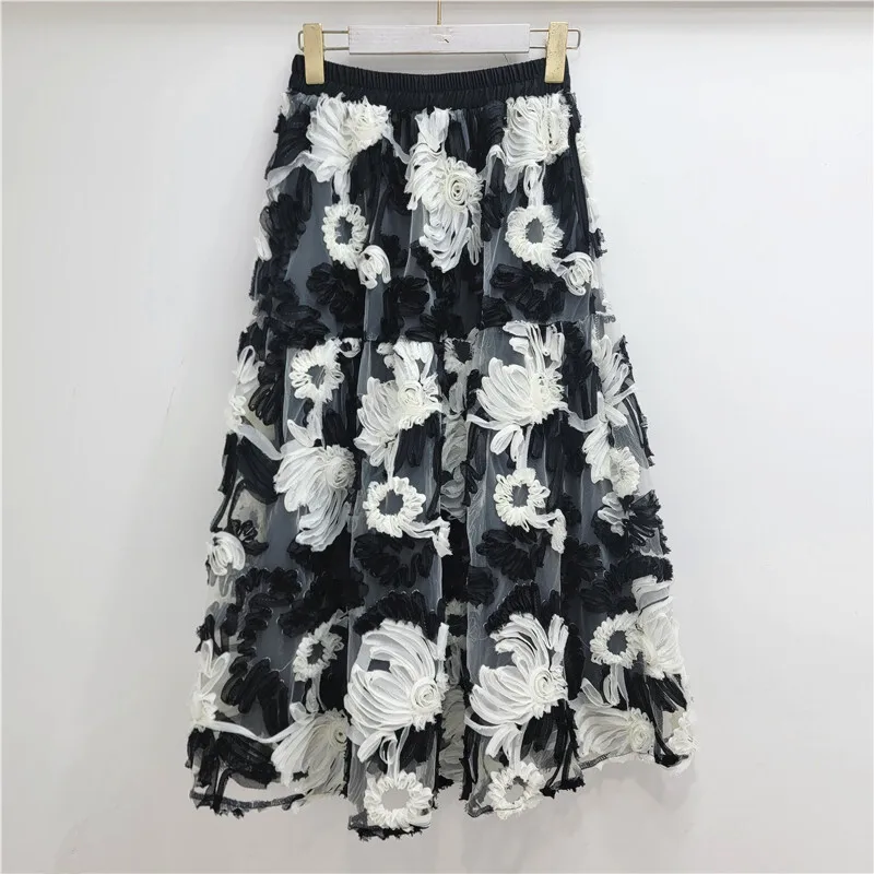 HKSH Primavera Estate Nuove Donne Marea Office Lady Ins Scuro Floreale Ricamato Elastico in Vita Versatile Chic Mezza Lunghezza Gonna HK5089