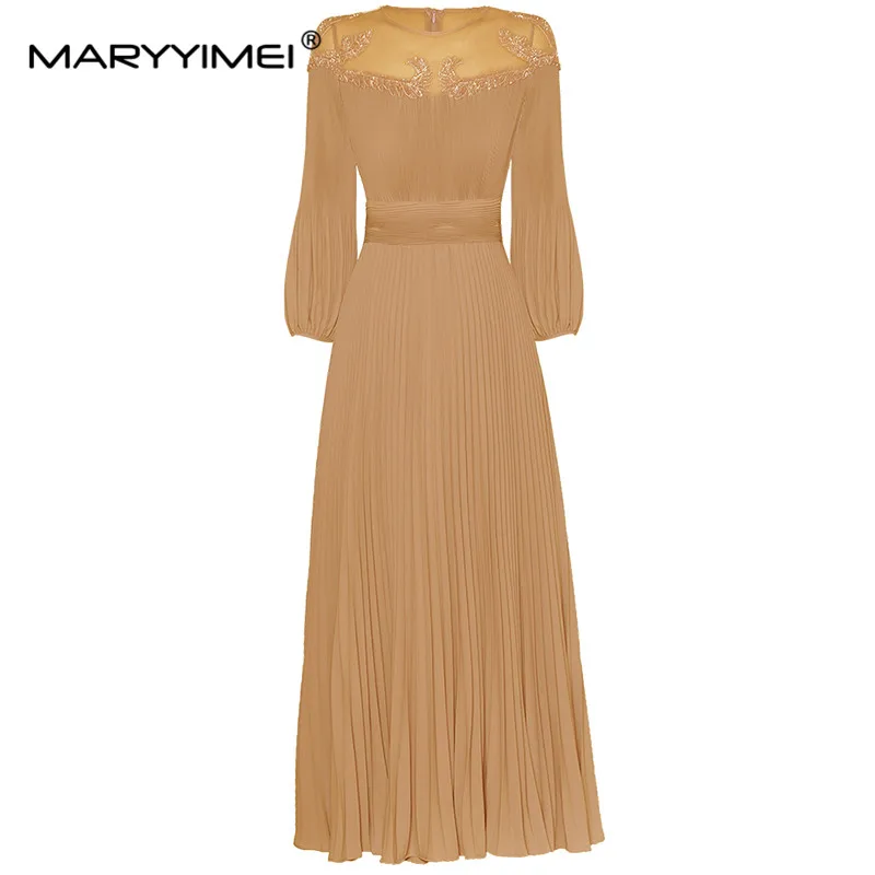 

MARYYIMEI Fashion Runway Designer Women's Round Neck Lantern Sleeves See-Through Gauze Nail Beaded Closed Waist In Pleat Dress