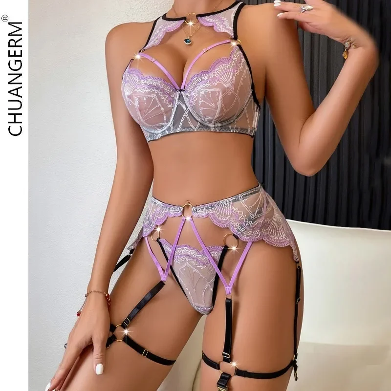 CHUANGERM Bra Lingerie Set See Through Bra  Womens Lingerie Set Erotic Sleepwear Lace Onlyfans Valentine's Day Breathable Panty